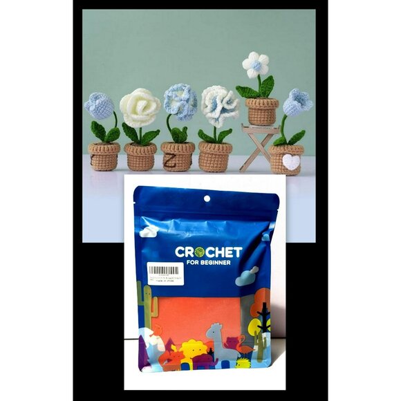 Crochet Kit For Beginners Mini Flower Pots Blue White Everything Included NEW - Picture 1 of 12